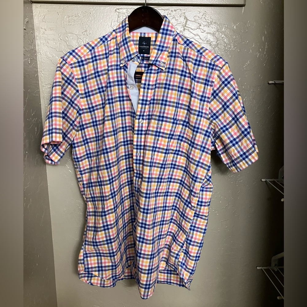 TAILORBYRD Plaid Short Sleeve Shirt Trim Fit Stretch M